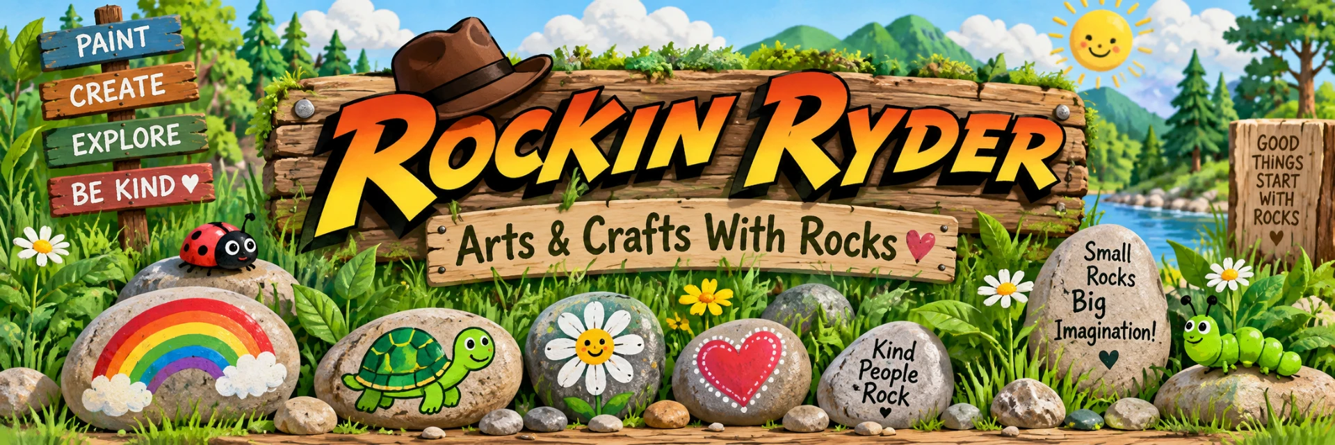 Rockin Ryder — Arts & Crafts With Rocks. A wooden sign in a sunny forest surrounded by painted rocks including a rainbow, turtle, daisy and heart.