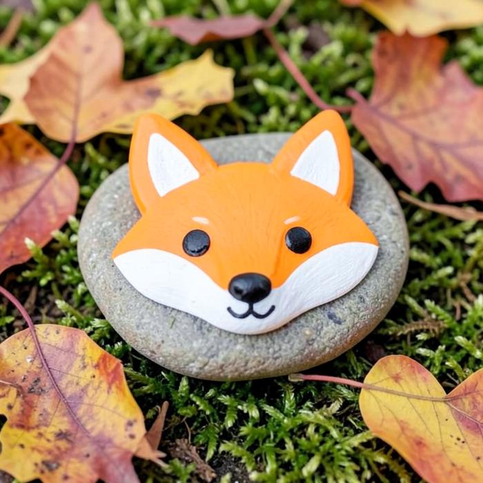 A rock painted as an orange fox face on autumn leaves